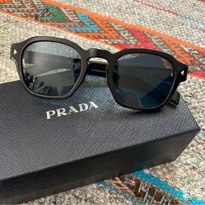 PRADA Black Sunglasses with iconic metal plaque - polarized turquoise lenses